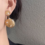 Golden Shell Pearl Drop Earrings