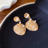 Golden Shell Pearl Drop Earrings