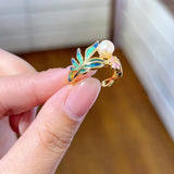 Green Leaf &amp; Blossom Pearl Ring