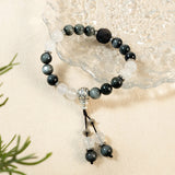 Natural Hawk's Eye & Moonstone Beaded Bracelet with Lotus Silver Charms
