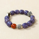 Natural Charoite & Red Agate Beaded Bracelet with Bagua Silver Charms