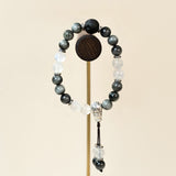 Natural Hawk's Eye & Moonstone Beaded Bracelet with Lotus Silver Charms