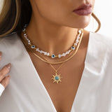 Sun & Evil Eye Triple Layer Necklace