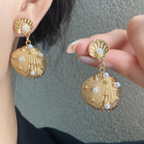 Golden Shell Pearl Drop Earrings