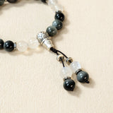 Natural Hawk's Eye & Moonstone Beaded Bracelet with Lotus Silver Charms