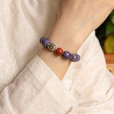 Natural Charoite & Red Agate Beaded Bracelet with Bagua Silver Charms