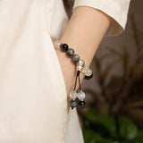 Natural Hawk's Eye & Moonstone Beaded Bracelet with Lotus Silver Charms