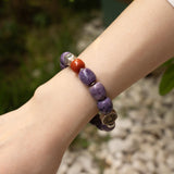 Natural Charoite & Red Agate Beaded Bracelet with Bagua Silver Charms
