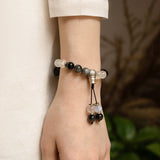 Natural Hawk's Eye & Moonstone Beaded Bracelet with Lotus Silver Charms