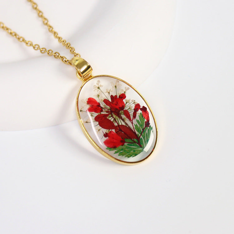 Pressed Flower Oval Pendant Necklace