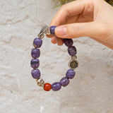 Natural Charoite & Red Agate Beaded Bracelet with Bagua Silver Charms