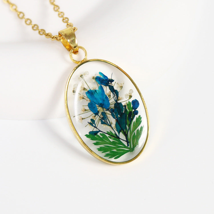 Pressed Flower Oval Pendant Necklace