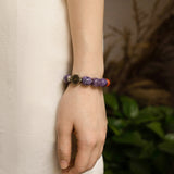 Natural Charoite & Red Agate Beaded Bracelet with Bagua Silver Charms